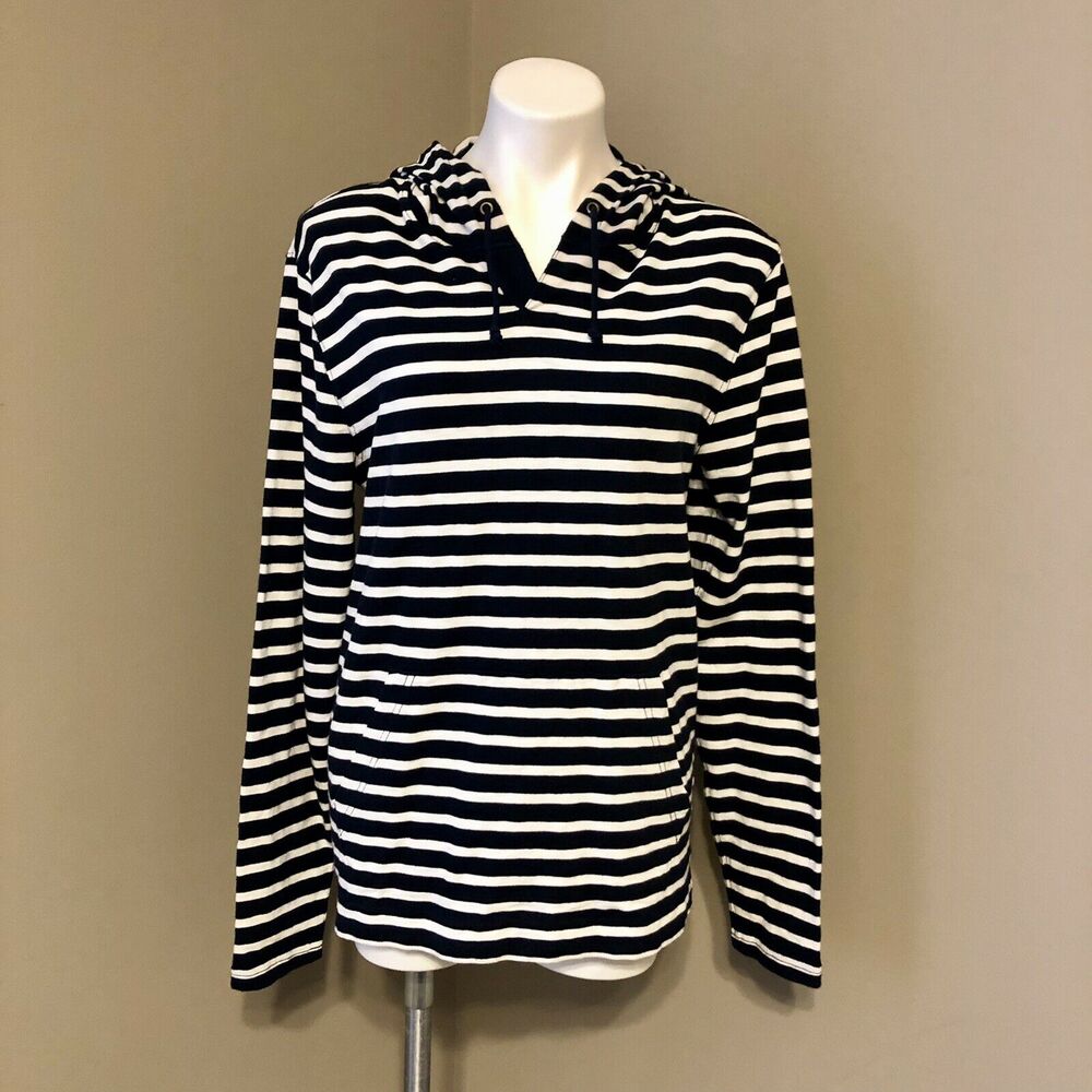 J. Crew Hooded Pullover Small Navy Blue White Stripe Front Pouch Pocket Loose - Picture 11 of 11